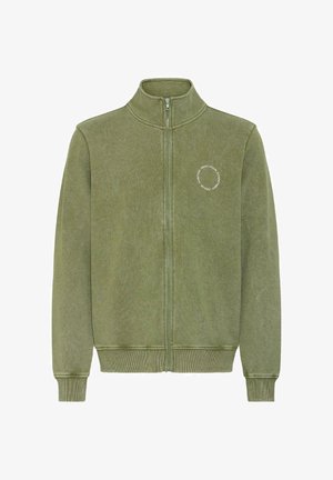 Olívazöld cipzáras pulóver magas gallérral és bordázott mandzsettákkal. Bal mellrészen kis kerek grafika található. Puha tapintású.