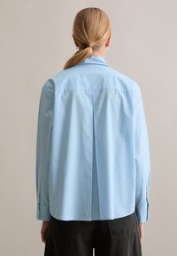 Camicia azzurro chiaro a maniche lunghe con collo, dettaglio con piega sulla schiena e polsini con bottoni, realizzata in un tessuto liscio. Indossata con pantaloni scuri.