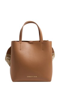 Brown leather handbag with two short handles, a flat base, and a detachable strap featuring a logo in beige. Smooth texture, minimal design.