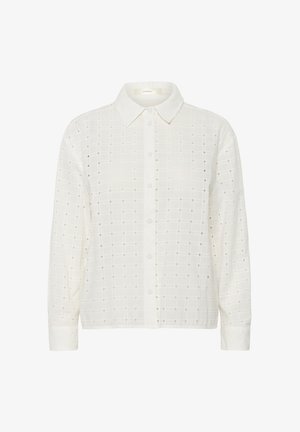 Chemise blanche à manches longues avec un motif de grille texturé, dotée d'un col pointu et d'une poche avant simple du côté gauche.