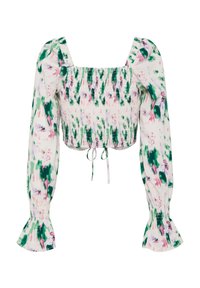 Kvetinový crop top so štvorcovým výstrihom, pufovanými rukávmi a smock dizajnom. Obsahuje zelené a ružové vzory na svetlom pozadí.