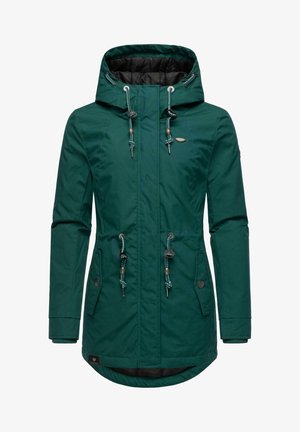 Green, water-resistant jacket with a hood. Features adjustable drawstrings, two front pockets, and a slightly longer back hem.