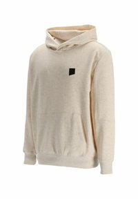 Sweat à capuche beige texturé avec poche kangourou et petit logo carré noir sur la poitrine, présenté sur fond blanc.