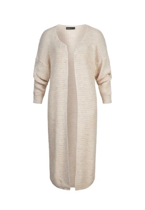 Cardigan in maglia color beige chiaro, con vestibilità ampia, maniche lunghe, apertura frontale e un motivo testurizzato su tutta la superficie. Design semplice e versatile.