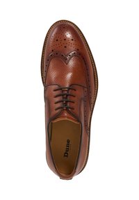 Brown leather brogue shoe with perforated detailing, smooth texture, four eyelets for laces, and a round toe design. “Dune London” branding inside.