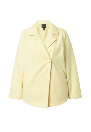  Lichtgele double-breasted wollen jas met brede revers en zijzakken, weergegeven op een witte achtergrond.