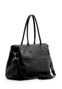 Black leather handbag with two long handles, detachable shoulder strap, and smooth texture. Features a front pocket and subtle branding.