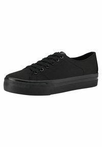 Black canvas sneakers with a low-profile design, round toe, thick rubber sole, and black laces. Features subtle textured accents.