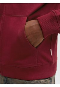 Sweat-shirt en coton bordeaux avec poignets côtelés, poche avant et détail de logo discret, mettant en valeur sa texture lisse et son design.