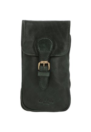 Green leather phone pouch with a flap closure, brass buckle detail, and embossed logo. Smooth texture with rounded edges and stitching.