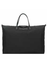 Grand sac fourre-tout noir en tissu résistant avec des poignées en cuir et une forme rectangulaire. Comprend une fermeture éclair et une petite poche avant.