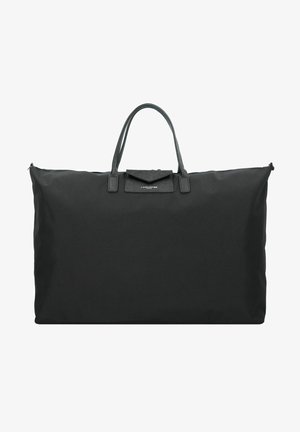 Grand sac fourre-tout noir en tissu résistant avec des poignées en cuir et une forme rectangulaire. Comprend une fermeture éclair et une petite poche avant.