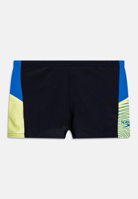 Costumi da bagno realizzati in tessuto elasticizzato, con una base nera, pannelli laterali blu e gialli, e un motivo a righe su un lato.