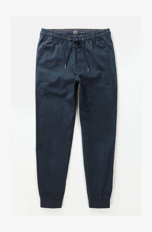 Dunkelblaue Jogginghosen aus einem Baumwollmix mit elastischem Bündchen, Kordelzug und schmal zulaufenden Bündchen. Zwei seitliche Taschen sind enthalten.