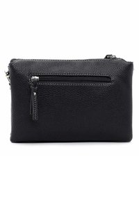 Pochette in pelle nera con finitura testurizzata, dotata di tasca anteriore con zip e metalleria in tono argento. Forma rettangolare con design minimalista.