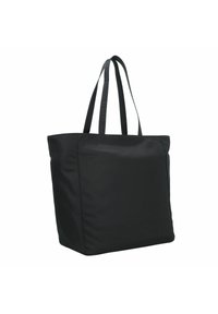 Zwarte tote bag van glad nylon met twee stevige handvatten, een vierkante vorm en een minimalistisch ontwerp. Versterkte stiksels langs de randen.