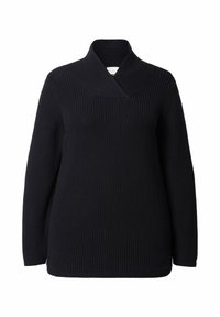 Maglione lavorato a maglia blu navy con colletto incrociato, maniche lunghe, tessuto testurizzato e vestibilità morbida. Design semplice senza loghi o fantasie visibili.