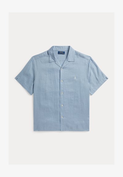 Chemise bleu clair à manches courtes avec boutons, col camp et logo Polo Ralph Lauren blanc brodé sur la poitrine.
