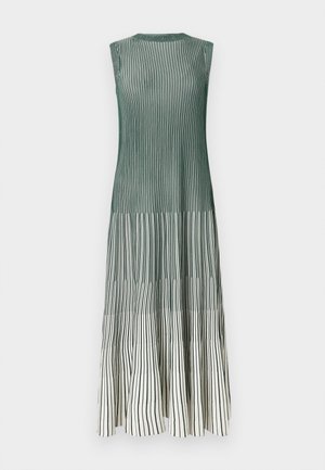 Sleeveless dress with a ribbed texture, transitioning from green to white, featuring vertical stripes and a flared silhouette at the hem.