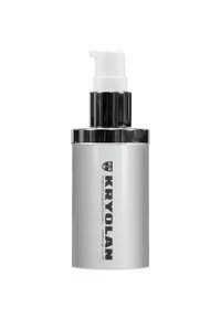 Silver metallic pump bottle with black accents and printed branding. Features a white pump dispenser atop a cylindrical body.