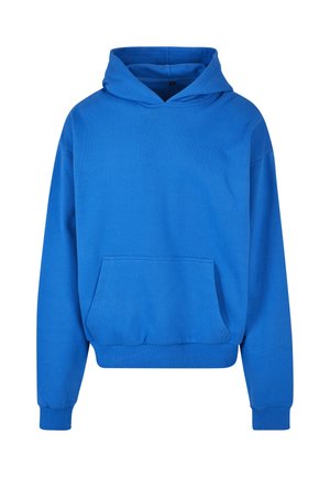 Blå hættetrøje lavet af blødt stof. Har en kengurulomme, ribbede manchetter og en afslappet pasform. Ingen synligt logo.