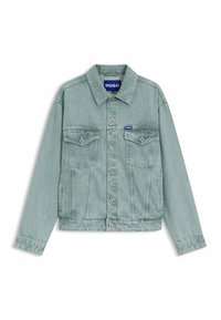 Light teal denim jacket featuring a collared design, two chest pockets, silver hardware, and button closures; soft texture with visible stitching.