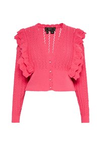 Rosa, kort cardigan med V-ringning, knäppningar och volangärmar. Stickad textur med öppna detaljer och ribbade manchetter.
