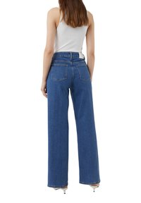 Blauwe spijkerbroek met wijde pijpen, van denim, met een hoge taille, twee achterzakken en een knoopsluiting met ceintuurlussen.