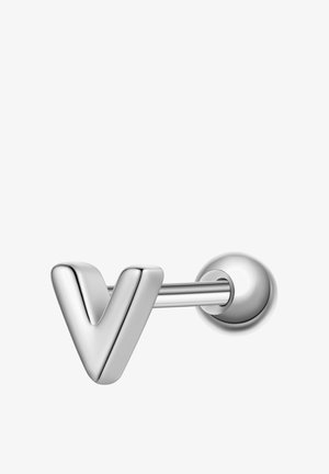 Ohrstecker aus silbernem Metall mit einer V-förmigen Vorderseite und einer runden Rückseite vor weißem Hintergrund.