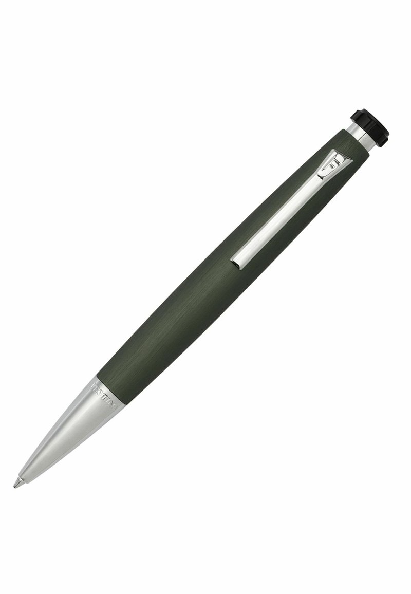 Metallinen kynä, jossa on matta oliivinvihreä runko ja kiiltävä hopeinen kärki. Varustettu klipsillä ja mustalla kääntömekanismilla ylhäällä.