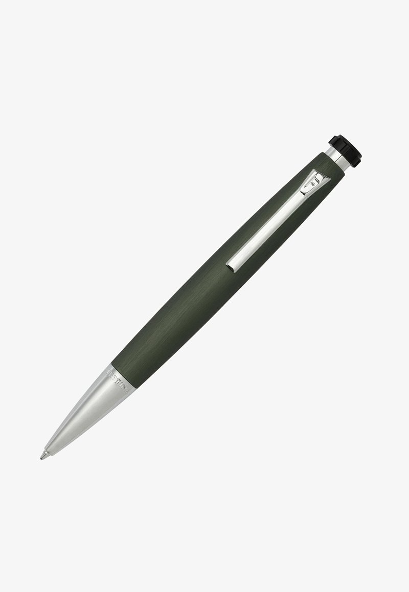 Metallinen kynä, jossa on matta oliivinvihreä runko ja kiiltävä hopeinen kärki. Varustettu klipsillä ja mustalla kääntömekanismilla ylhäällä.
