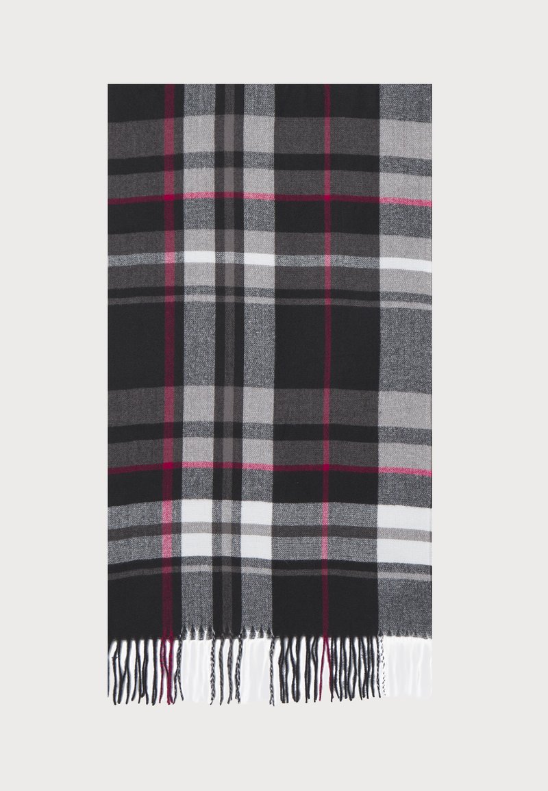 Sciarpa a scacchi nera, grigia e bianca, con accenti rosa. Texture morbida con bordi frangiati, forma rettangolare.