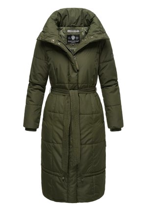 Olive green padded coat with a high collar, belted waist, and zip closure. Features quilted pattern and adjustable cuffs.