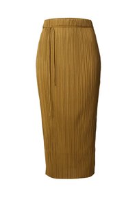 Plissé midi-rok in mosterdgeel. Heeft een aansluitende taille met een elastische band en verticale plooien, gemaakt van zachte stof.