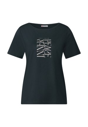 Černé tričko s krátkým rukávem vyrobené z měkké bavlny, s vertikálním bílým potiskem s textem "ZÍSKEJTE SVŮJ VNITŘNÍ POKOJ."