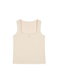 Débardeur beige à côtes avec un décolleté carré et de fines bretelles. Présente un petit logo brodé à l'avant.