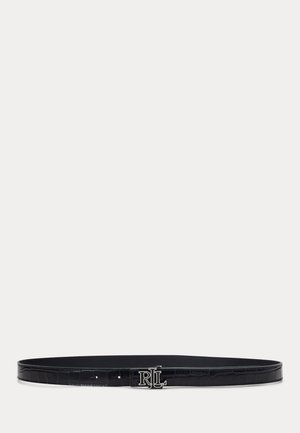 Ceinture en cuir noir avec une texture crocodile, dotée d'une quincaillerie en argent avec le logo RL et d'un design épuré et minimal.