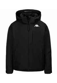 Giacca nera con cappuccio, dotata di zip completa, due tasche laterali e un tessuto strutturato. Logo bianco sulla parte superiore sinistra del petto.