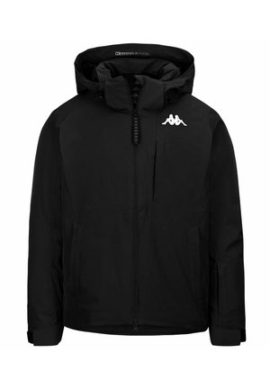 Giacca nera con cappuccio, dotata di zip completa, due tasche laterali e un tessuto strutturato. Logo bianco sulla parte superiore sinistra del petto.