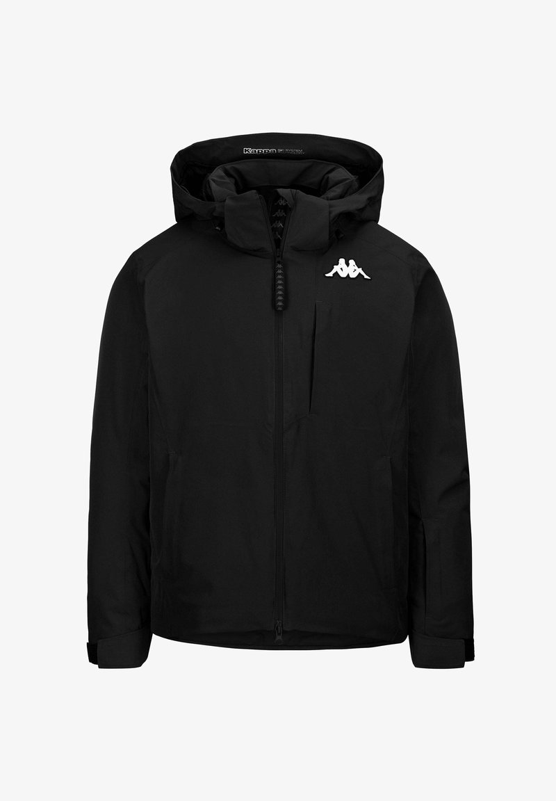 Giacca nera con cappuccio, dotata di zip completa, due tasche laterali e un tessuto strutturato. Logo bianco sulla parte superiore sinistra del petto.