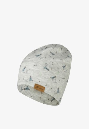 Light gray knitted beanie with small blue rocket and star patterns and a brown label with a brand name.