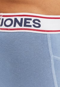 Light blue boxer briefs with a white waistband featuring red and navy lettering. The fabric appears smooth with elastic textures.