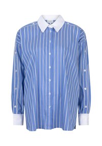 Light blue button-up shirt with white vertical stripes, white collar and cuffs, featuring rounded hem and long, slightly puffed sleeves.
