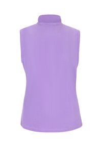 Maglione senza maniche di colore lilla chiaro, con colletto alto. Realizzato in tessuto morbido e liscio con una consistenza uniforme e senza motivi visibili.