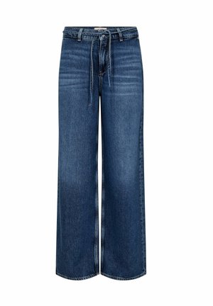 High-waisted wide-leg blue denim jeans with front button, zipper, belt loops, and a tied fabric belt at the waist.