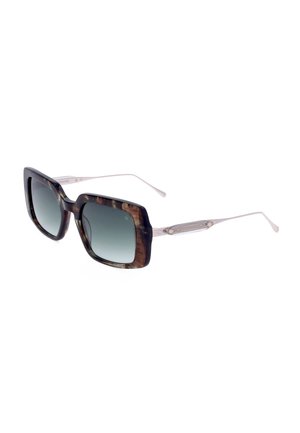 Occhiali da sole quadrati oversize con lenti scure sfumate e montature tartarugate, con sottili aste metalliche argento con dettagli.