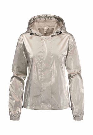 Giacca leggera in argento metallico con cappuccio, polsini elasticizzati, chiusura frontale con cerniera e cordino, caratterizzata da una texture liscia e riflettente.