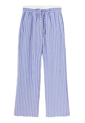 Pantalons larges rayés bleu et blanc avec une taille élastique et un cordon de serrage, dotés de deux poches latérales pour plus de fonctionnalité.