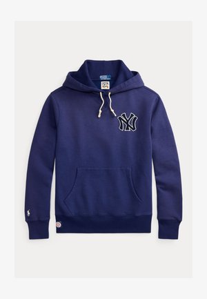 Marineblauwe hoodie van zachte stof, met een voorzak, witte trekkoorden en een geborduurd NY-logo op de borst.