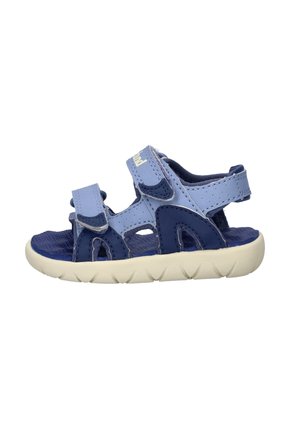 Sandalo blu e blu navy per bambini con cinturini in velcro regolabili e suola bianca strutturata.